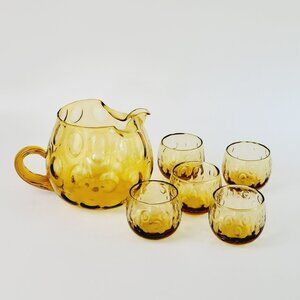 Vintage Hand Blown Italian Glass Pitcher & Juice Glasses Amber Art Deco Dining